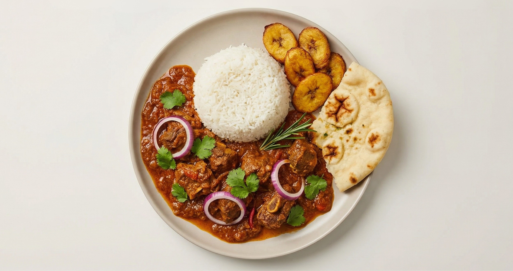 Kila Curry Goat With Jasmine Rice, Plantains & Naan